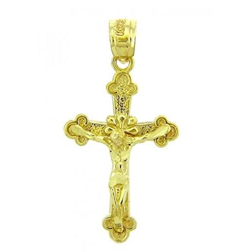 Solid 14k Yellow Gold Textured Cross Charm Christian Crucifix Pendant