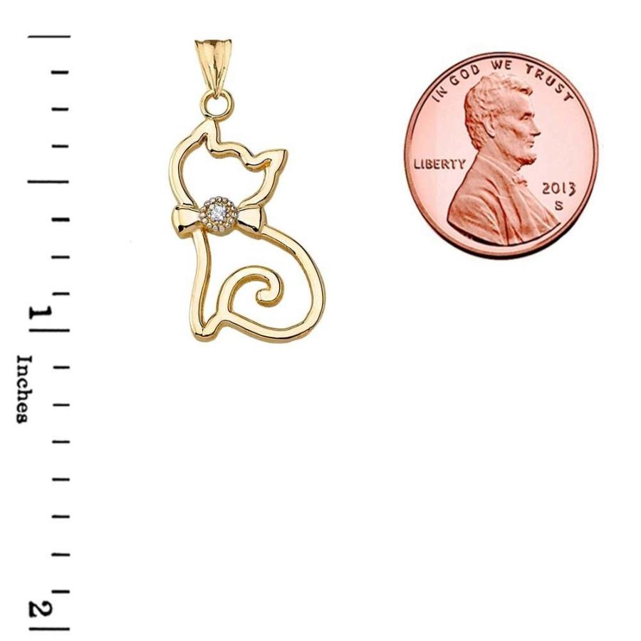 Unique 10k Yellow Gold Diamond Openwork Cat Charm Pendant Necklace