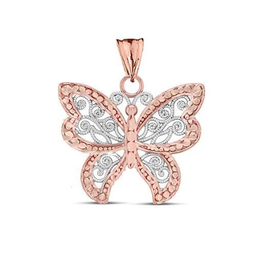 送料無料 Elegant Charm Butterfly Sparkle-Cut & Filigree Gold Rose Two-Tone 10k ネックレス、ペンダント