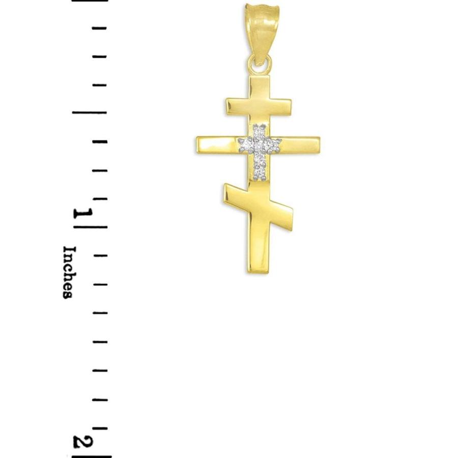 14k Yellow Gold Diamond Studded Orthodox Charm Russian Cross Pendant