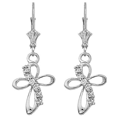 Dainty Modern CZ Open Curvy Cross Earrings in 14k White Gold