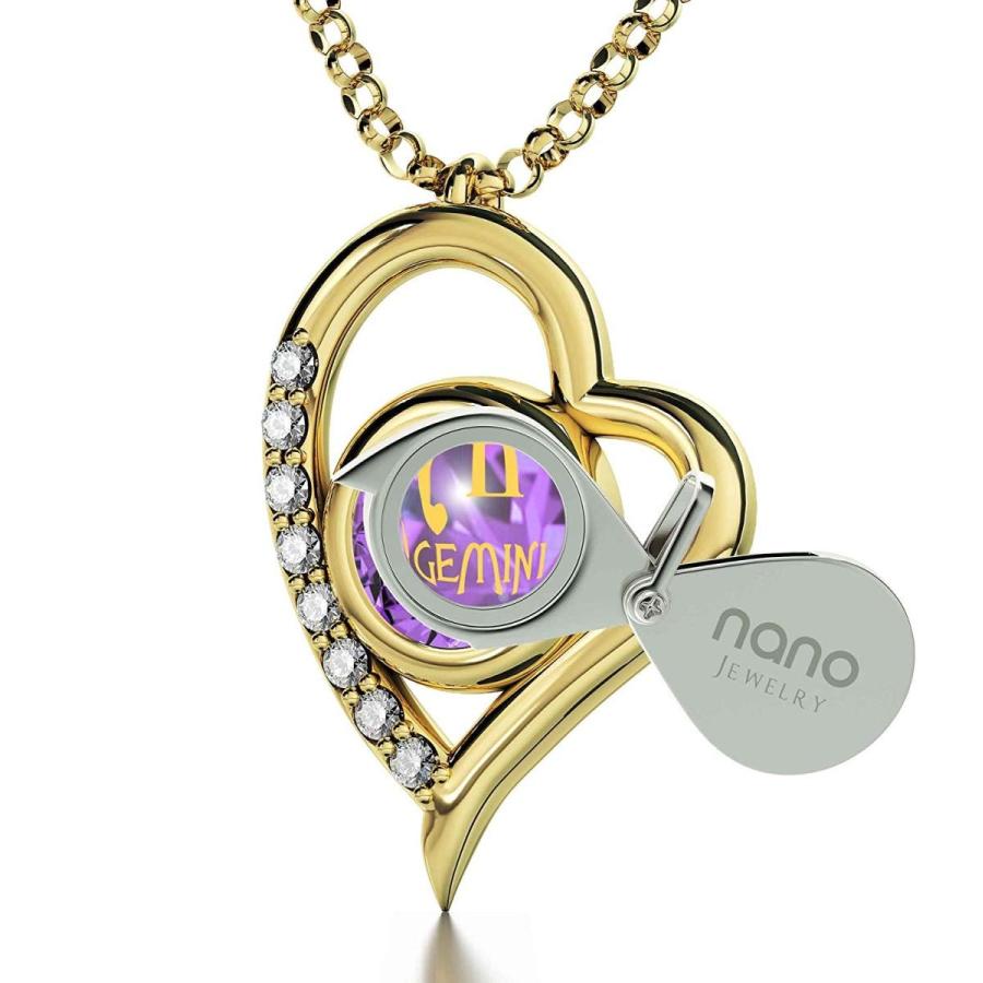 Nano Jewelry Gold Plated Zodiac Heart Pendant Gemini Necklace 24k Gold