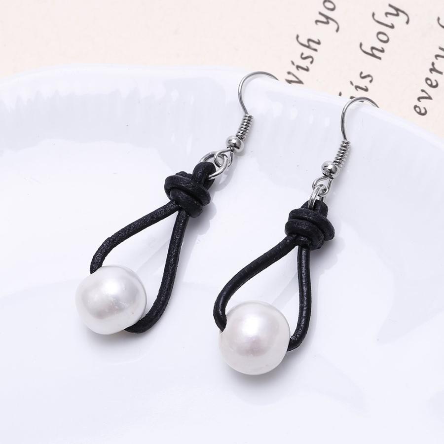 White Pearl Dangle Earrings on Genuine Leather Cord Hook Drop Bohemian White Pearl Dangle Earrings on Genuine Leather Cord Hook Drop Bohemian