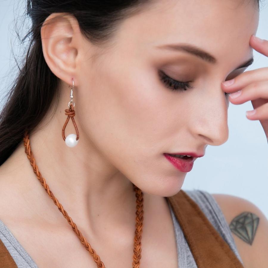 White Pearl Dangle Earrings on Genuine Leather Cord Hook Drop Bohemian White Pearl Dangle Earrings on Genuine Leather Cord Hook Drop Bohemian