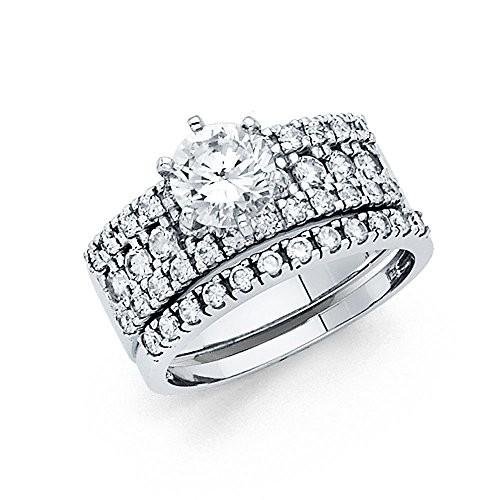 海外品 14k White Gold SOLID Wedding Engagement Ring and Wedding Band 2 Piece 【E1166919090】(42427円)