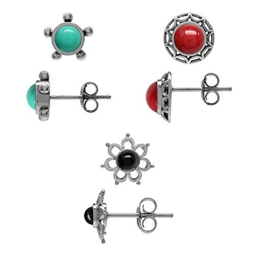 3-Pair Set Created Turquoise， Coral & Onyx 925 Sterling Silver Filigre