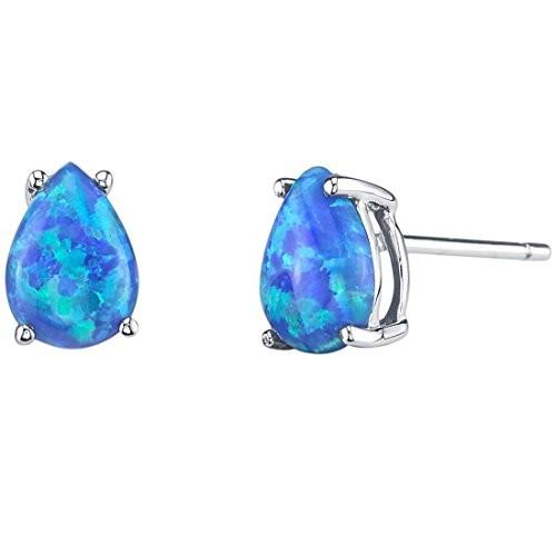 14K White Gold Pear Shape Created Blue Opal Stud Earrings