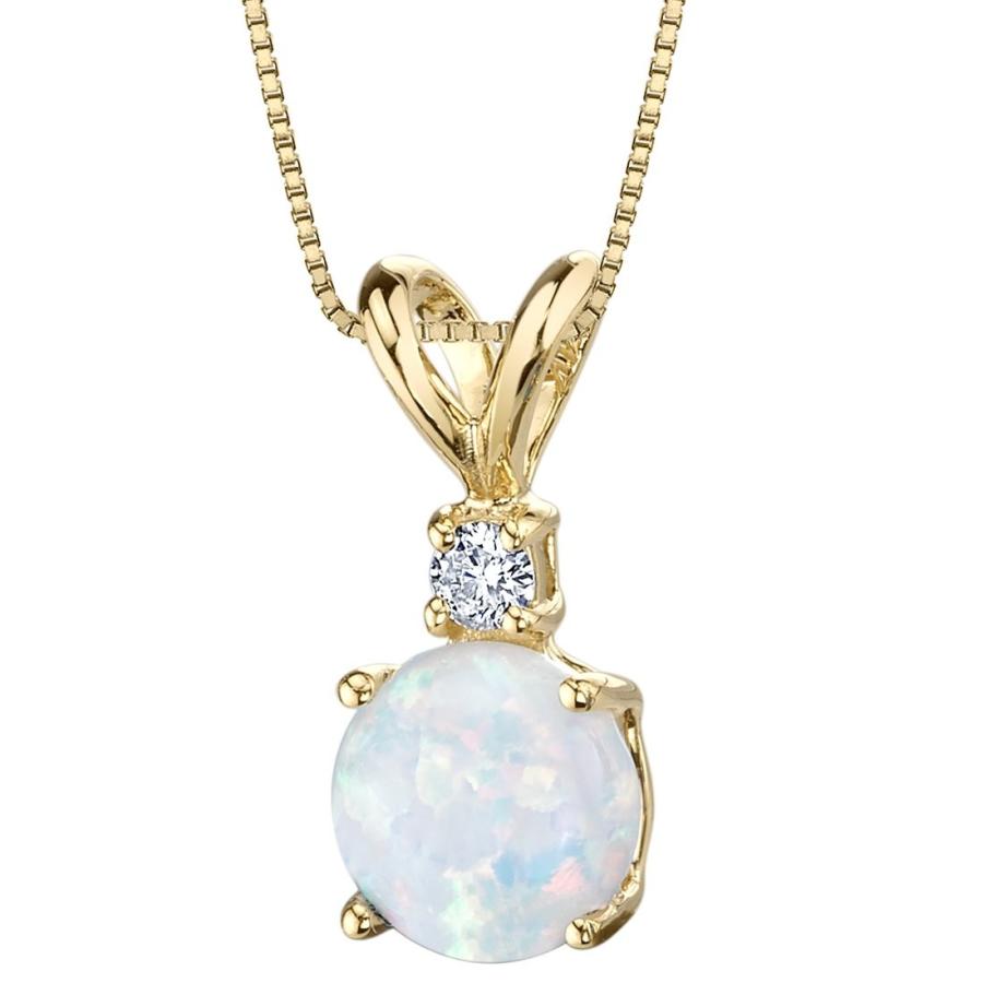 14 Karat Yellow Gold Created Opal Diamond Solitaire Pendant