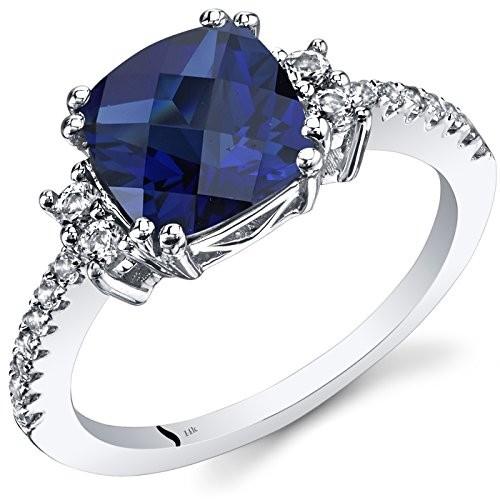  Peora Solid 14K White Gold Created Blue Sapphire with