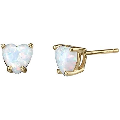 14K Yellow Gold Heart Shape Created Opal Stud Earrings