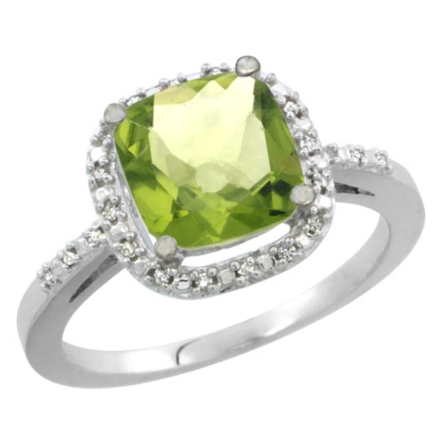 10K White Gold Natural Peridot Ring Cushion-cut 8x8mm Diamond Accent，