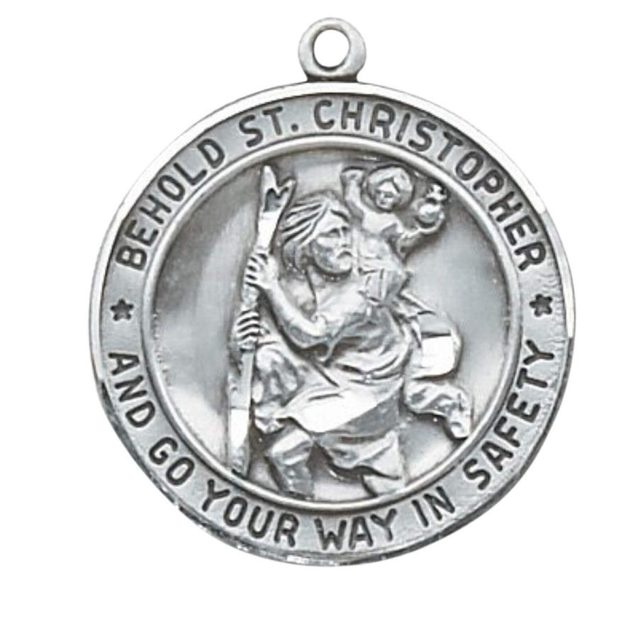 Round Saint St Christopher 1-inch Sterling Silver Medal Necklace