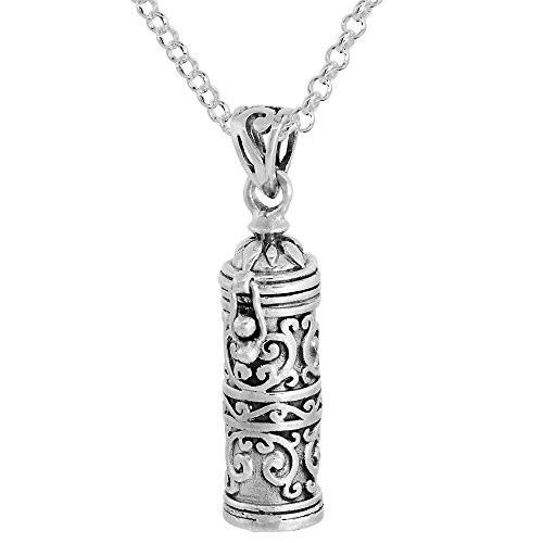 Sterling Silver Prayer Box Necklace Tubular Shape floral Design, 1.125