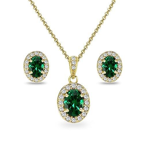 Yellow Gold Flashed Sterling Silver Simulated Emerald & CZ Oval Halo N
