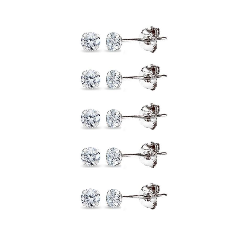 5 Pair Set 14K White Gold Cubic Zirconia Tiny 2mm Round Stud Earrings
