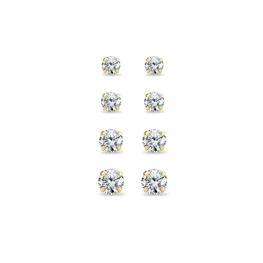 4 Pair Set 14K Yellow Gold Cubic Zirconia Round Stud Earrings, 2mm 3mm