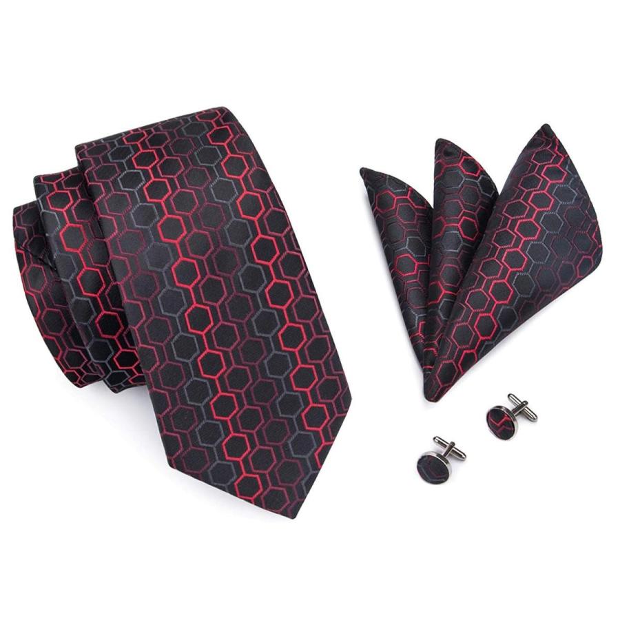 超人気 Black Red Plaid G Set Cufflinks Square Pocket Tie Woven Silk Men's Tie ネックレス、ペンダント