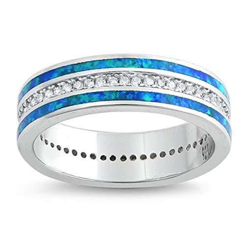 Clear CZ Blue Simulated Opal Eternity Wedding Ring 925 Sterling Silver