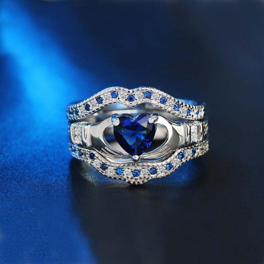 STI-JEWELS Wedding Heart Sapphire Rings Set 925 Sterling Silver CZ Rin