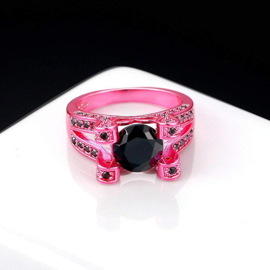 Herinos Womens Black Round Cubic Zirconia Pink Gold Copper Wedding Ban｜twilight-shop｜06