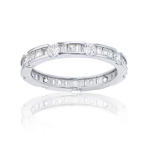 Sterling Silver Rhodium Baguette & Round Cubic Zirconia Eternity Band