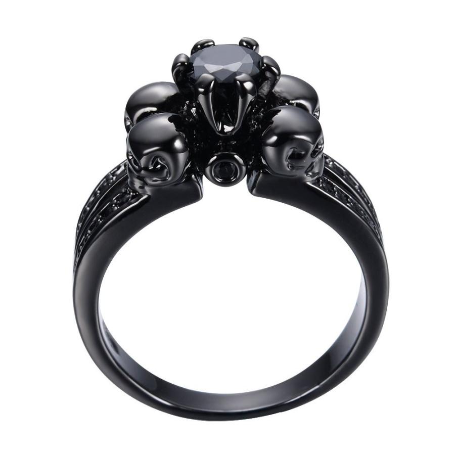 Womens Gothic 5MM Black Sapphire Four Skulls Wedding Ring Black Gold P