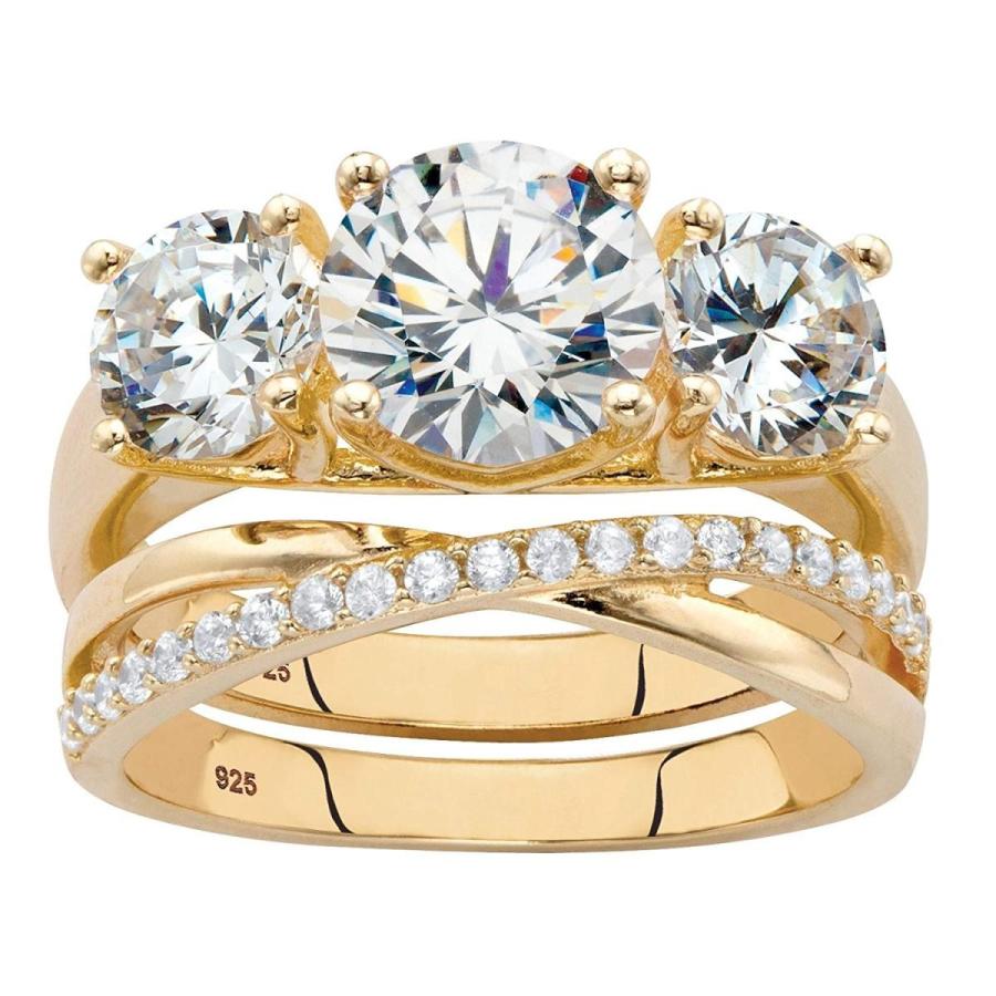 驚きの値段 14K Yellow Ring Bridal Zirconia Cubic Round Silver Sterling over Gold ウエディンググローブ