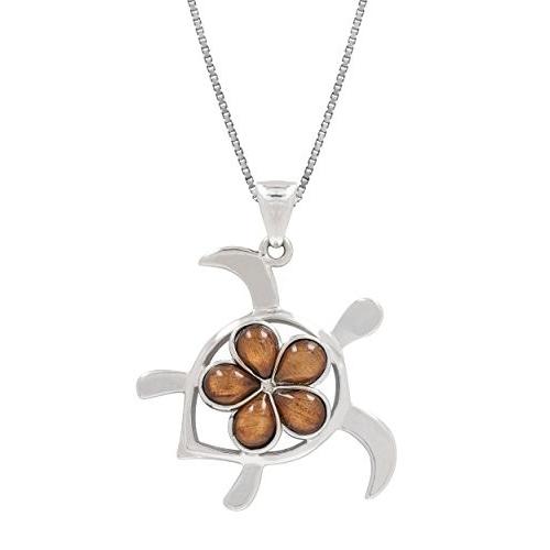 Sterling Silver Koa Wood Turtle with Plumeria Necklace Pendant and 18
