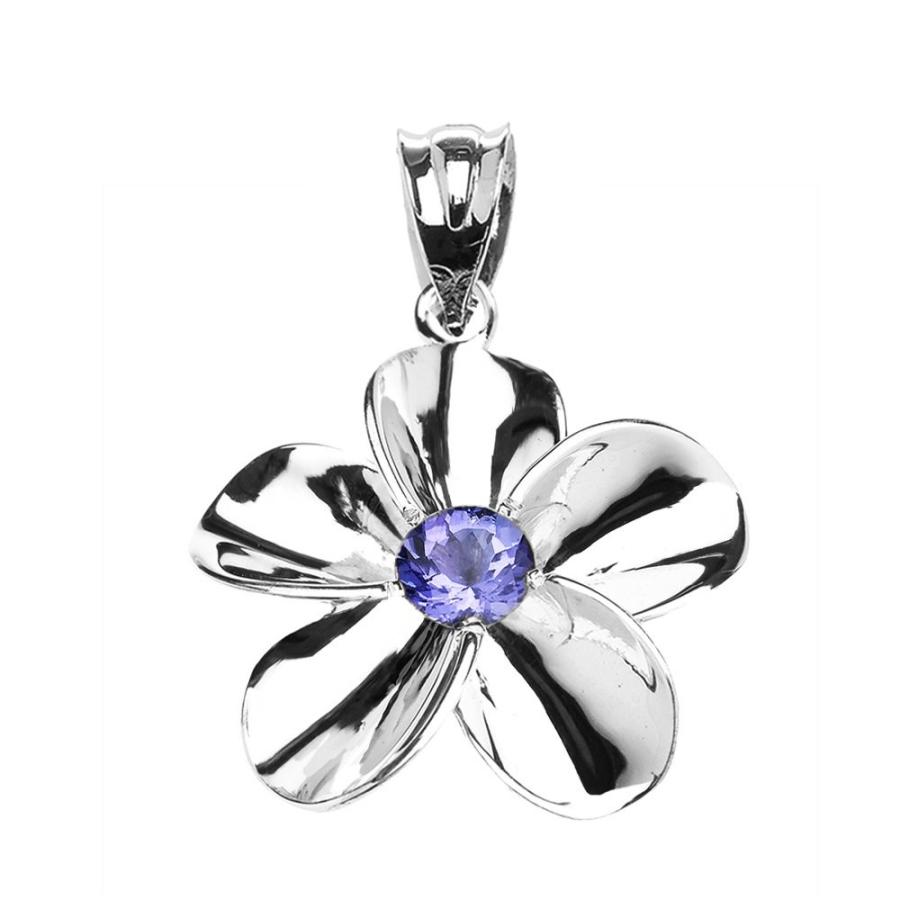 Sterling Silver Hawaiian Plumeria Genuine Tanzanite Pendant Necklace,