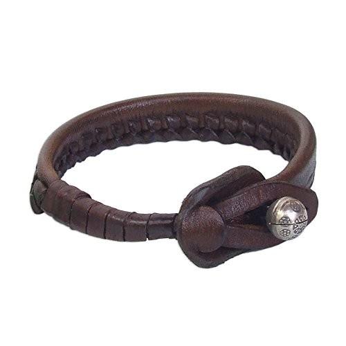 NOVICA Woven Leather Wristband Bracelet, with .950 Silver Bell, 7