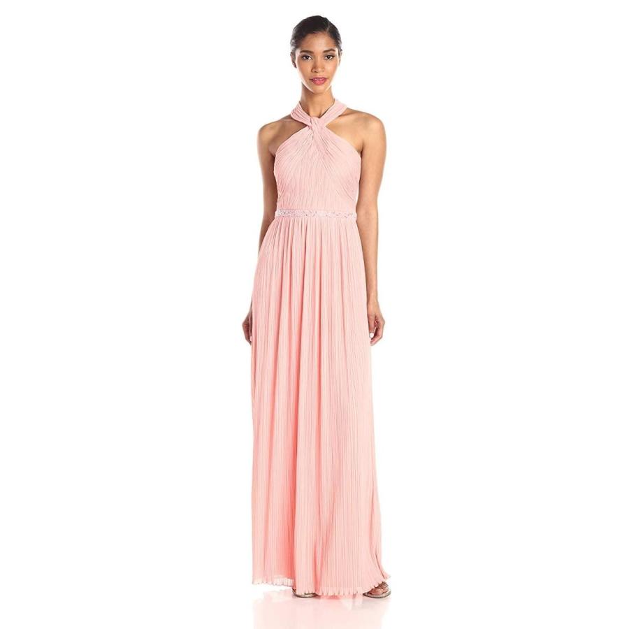 JS Boutique Women's Pleated Halter Gown with Beads, Melon, 4
