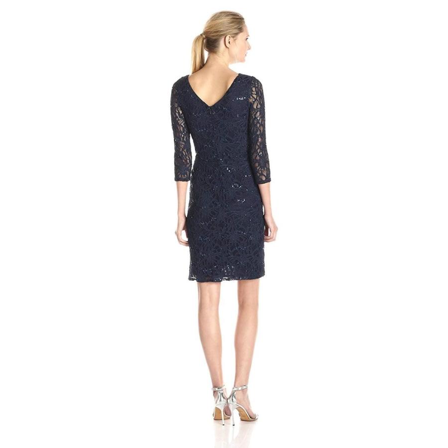 Marina Women's 3/4 Sleeve Floral Lace Dress with Side Pleating, Navy 1