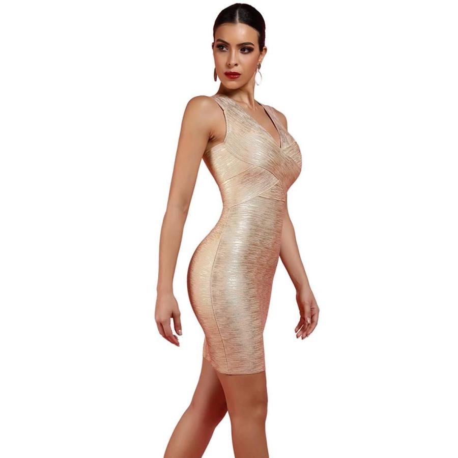 UONBOX Women's Rayon Sexy V-Neck Bandage Bodycon Gold Foil Print Club