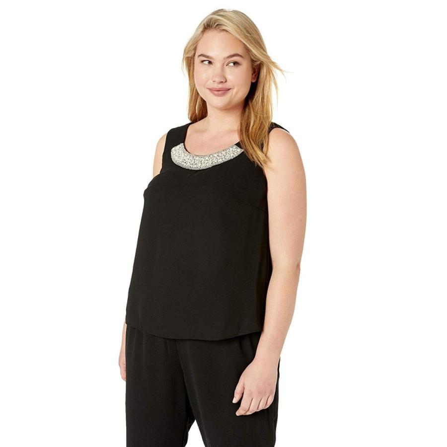 Le Bos Women's Plus Size Embellished Neckline Duster Pant Set, Black,