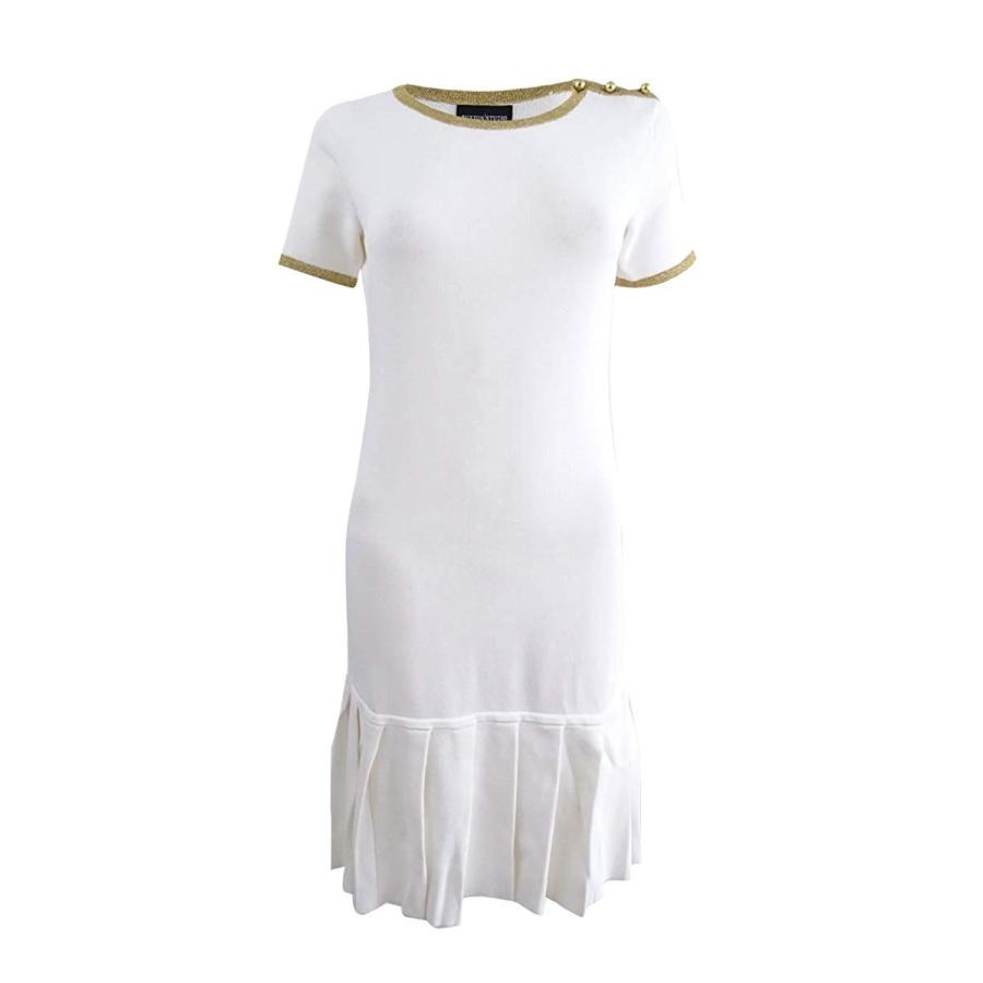 Sutton Studio Tipped Box Pleat Metallic Dress (10, White/Gold) Apparel