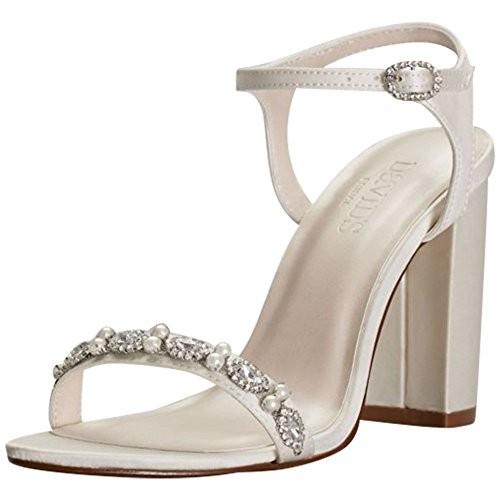 Embellished Satin Block Heel Sandals Style ELSA, Ivory, 9