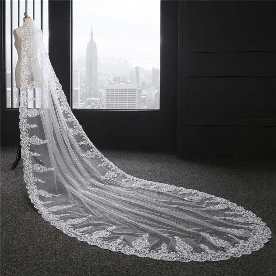 Edith qi 1 Tier Appliqued Mantilla Cathedral Wedding Veil Long Wedding