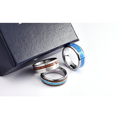 DOUX 8mm Mens Damascus Steel Wedding Ring Real Wood Inlay Statement Ri