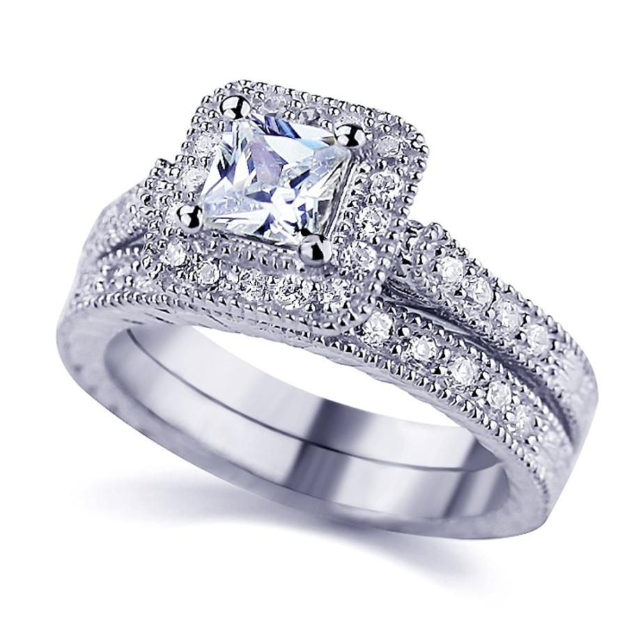 Double Accent Sterling Silver Rhodium Plated, Princess CZ Vintage 2pcs