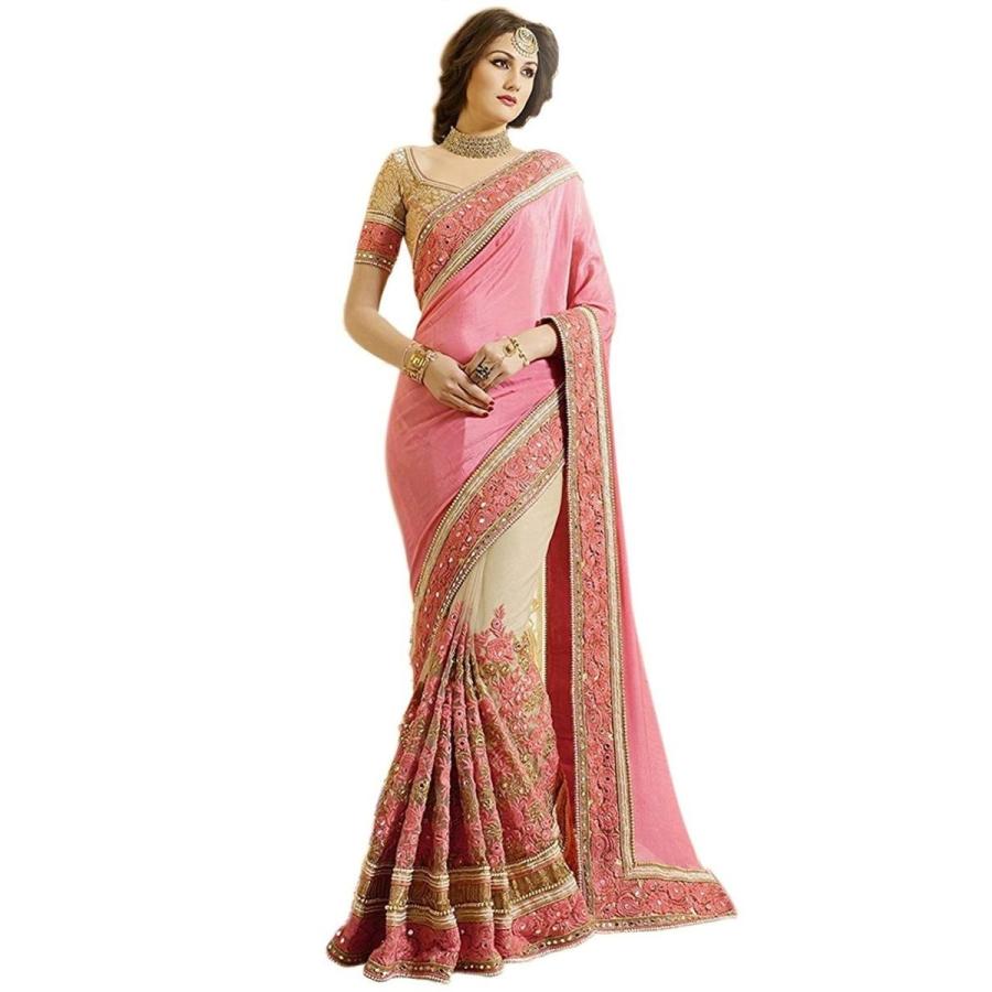 Nivah Fashion Women's Satin & Net Half & Half Embroidery work With Rea