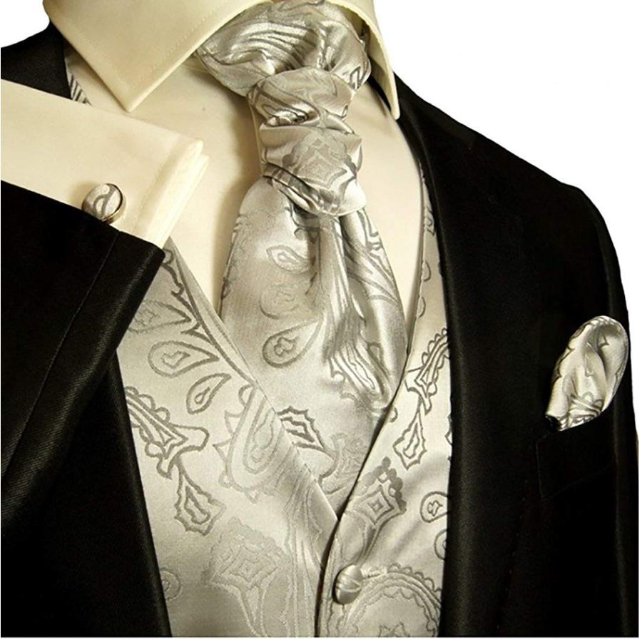 Paul Malone Wedding Vest Set Silver 5pcs Tuxedo Vest + Necktie + Ascot