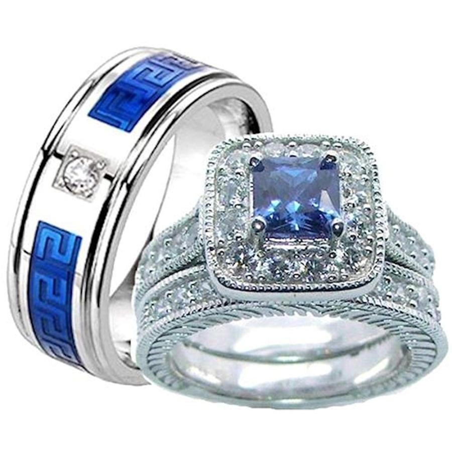 EEJ His Hers Blue & Clear Cz Wedding Ring Set Sterling Silver and Stai