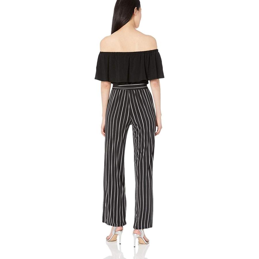 bebe Women's Off The Shoulder pin Stripe Jumpsuit, Black, 12