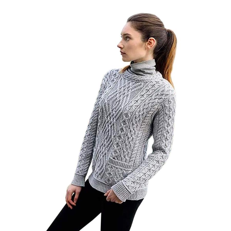 Ladies 100% Irish Merino Wool Cable Crew Sweater with Pockets by West