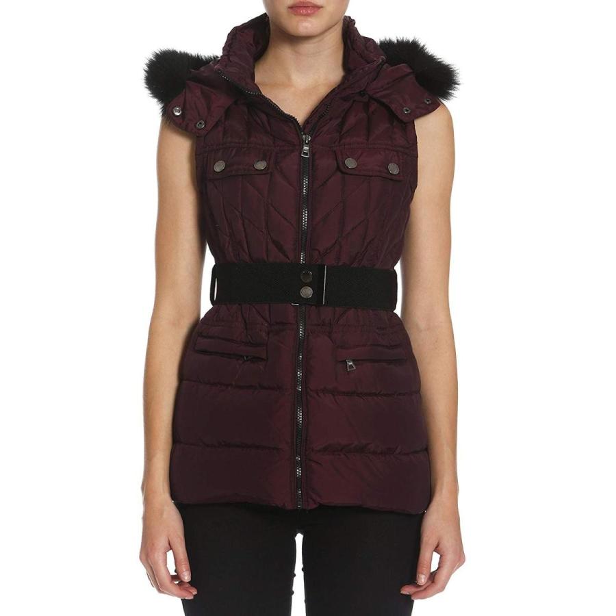 Members Only Womens Quilted Puffer Vest with Fox Fur Hood Burgundy Lar