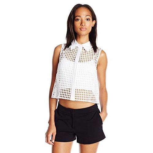 MILLY Women's Mini Eyelet Crop Sleeveless Shirt, White Large