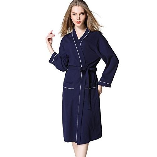 VERNASSA Women's Cotton Robe, Kimono Waffle Spa Bathrobe Navy Blue