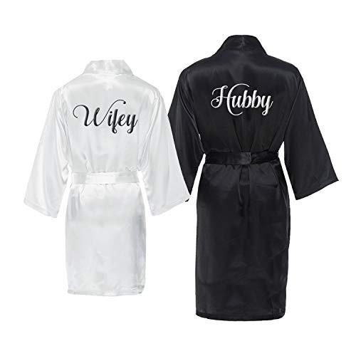 Hubby and Wifey Satin Robe Set Black, White