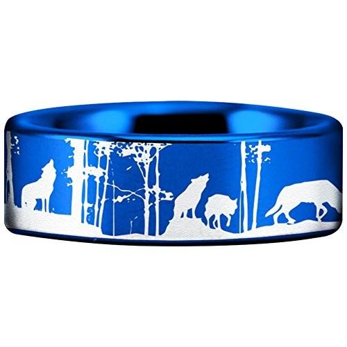 Friends of Irony Blue Tungsten Carbide Wolf Pack Wedding Band Annivers
