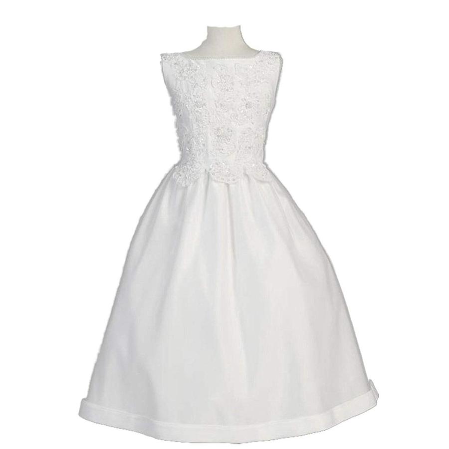 White Satin Communion Baptism Dress with Beaded Applique - Size 7